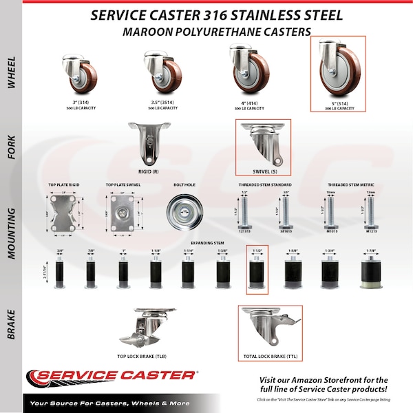 Service Caster 5 Inch 316SS Maroon Poly Swivel 1-1/2 Inch Stem Caster Lock Brake SCC, 2PK SS316TTLEX20S514-PPUB-MRN-2-S-2-112 - main